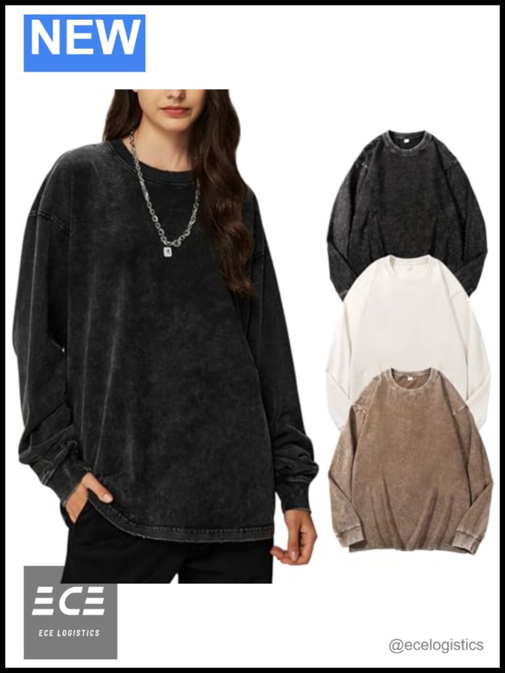 Oversized Acid Wash Cotton Long Sleeve Crewneck T-Shirt Pullover Loose Fit